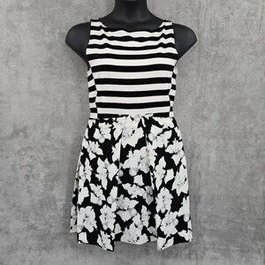 Rachel Roy Sheath Dress 12 Black White Striped Floral Mixed Media Print Tank Zip